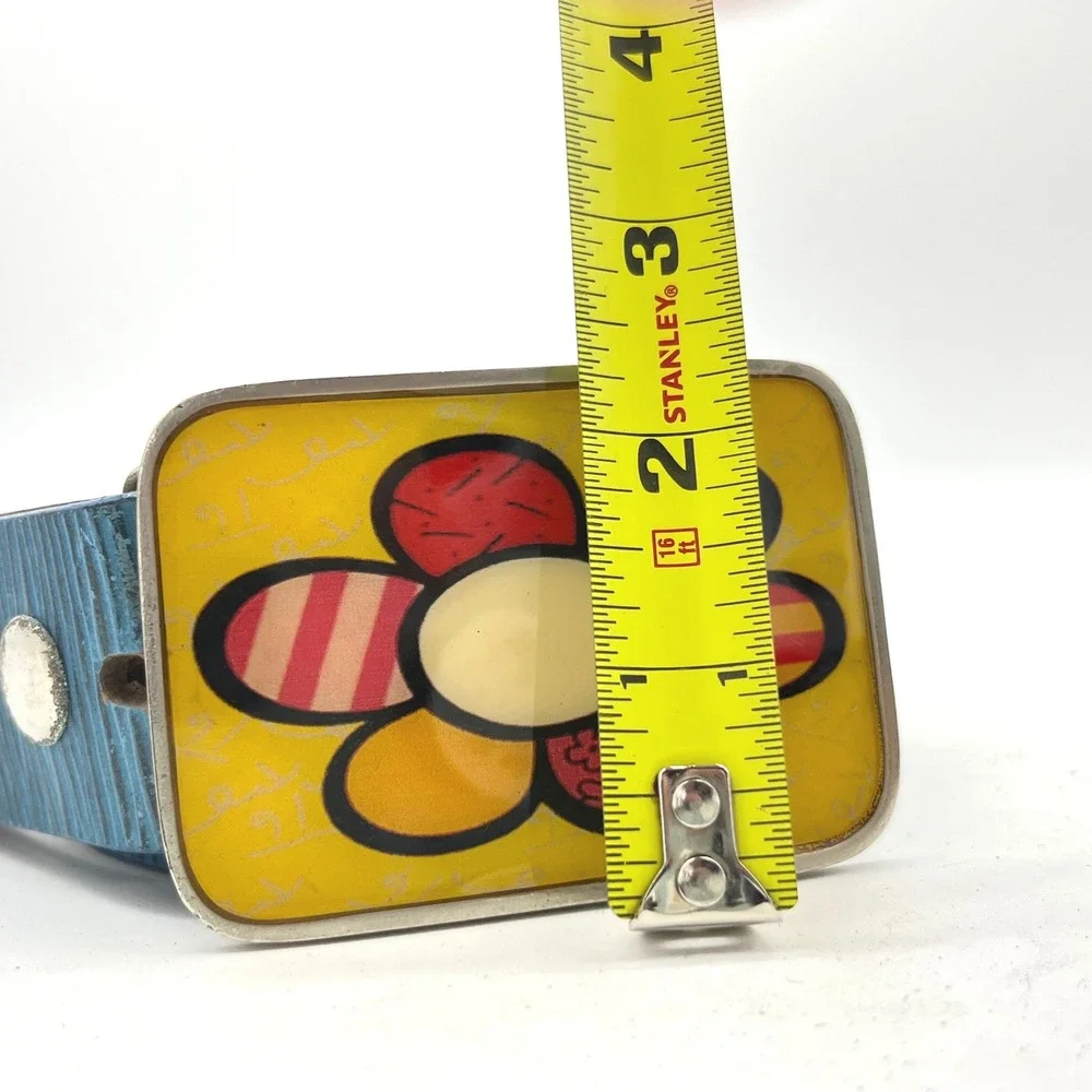 Romero Britto Pop Art Flower Power Correart Blue Leather Belt Medium Retro Y2K